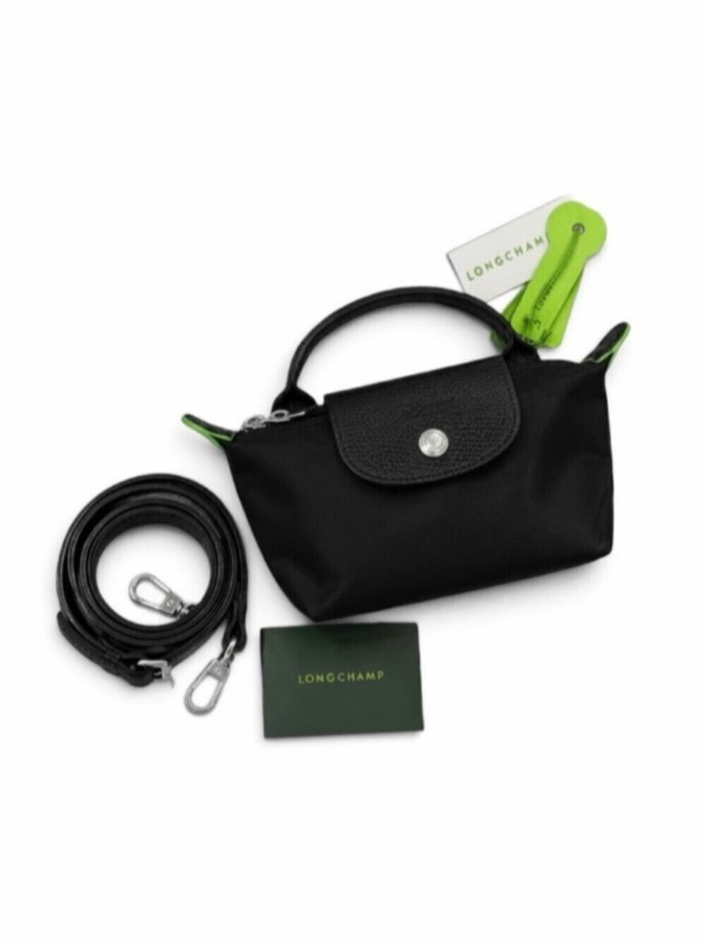 Longchamp Le Pliage xSmall Black Top-Handle Bag with Green Trim w crossbody stra